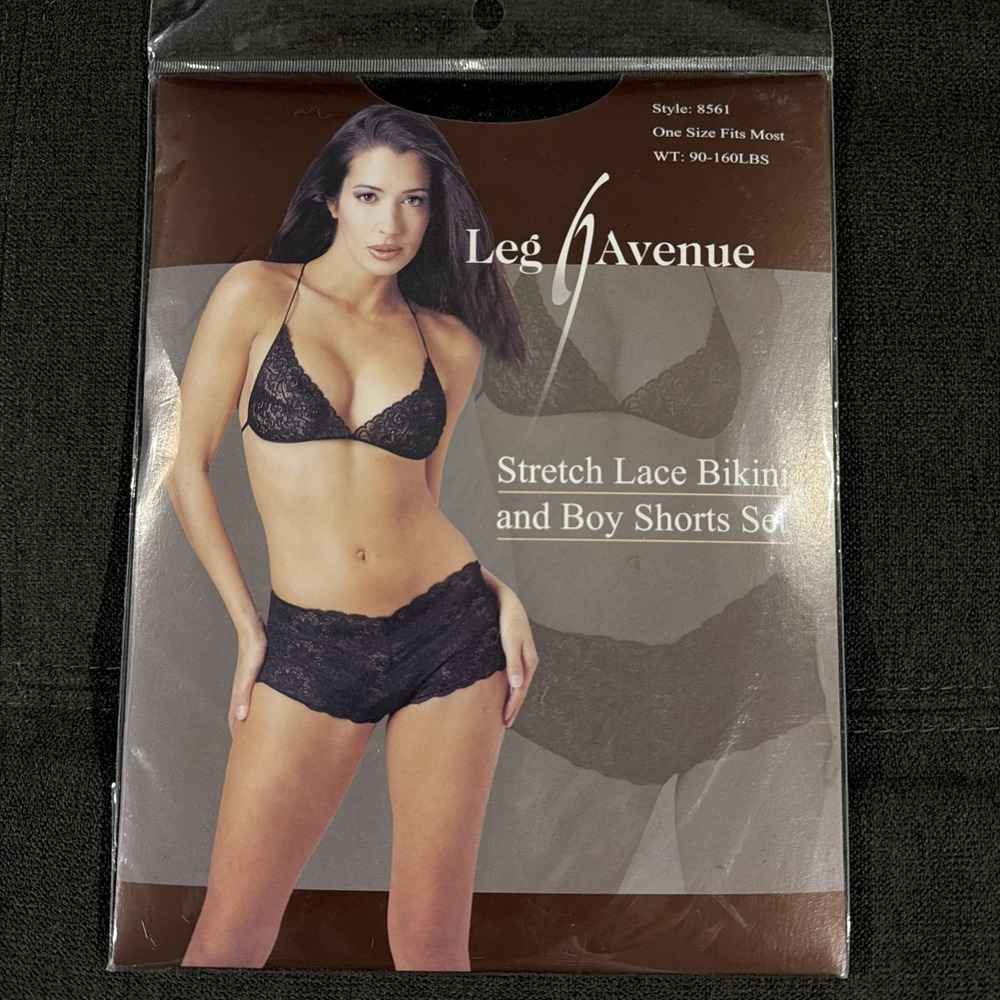 Leg Avenue 8561 Black Stretch Lace Bikini Top Boyshorts Lingerie Set One Size